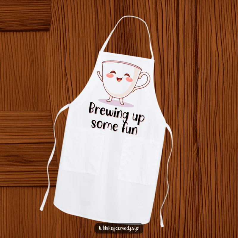 Funny teacup jig apron with a smiling teacup happily dancing, adding a touch of whimsy to cooking and baking.