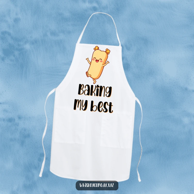 Funny apron showing a cheerful baguette character kicking its heels up joyfully while baking, perfect for bakers and chefs.