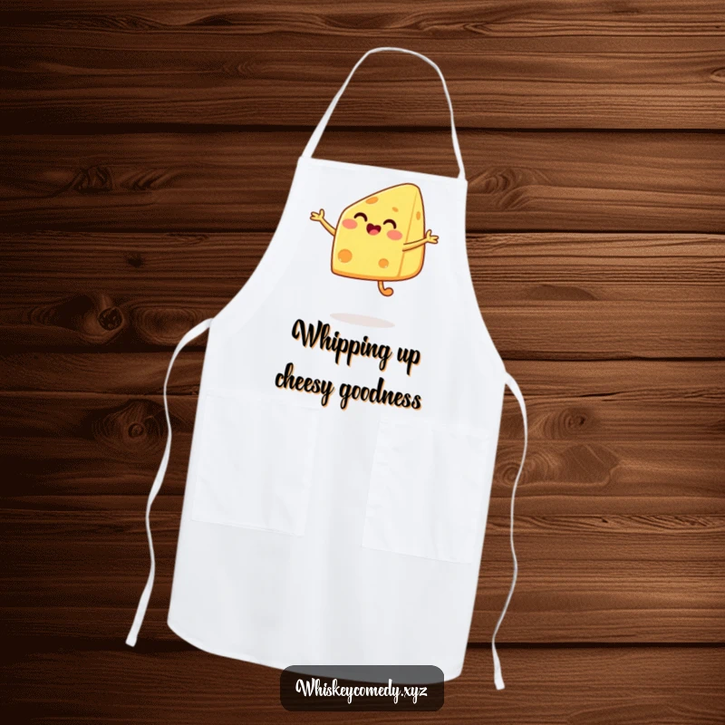 Funny cheese jump apron with a happy cheese wedge leaping with delight, adding fun and whimsy to cooking and baking.
