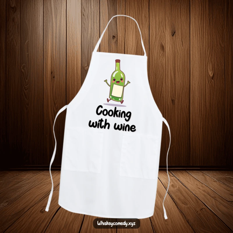 Funny apron showing a happy wine bottle character doing a comical skip while hosting, perfect for entertainers and chefs.