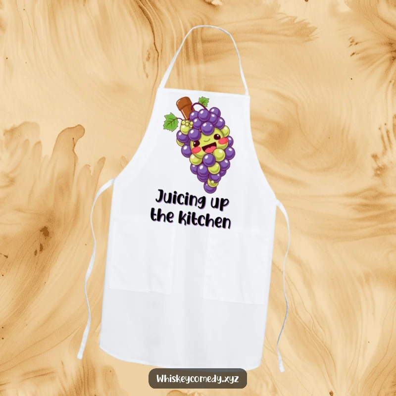 Funny grape slide apron with a giggling bunch of grapes sliding down a bottle, adding fun and whimsy to cooking.