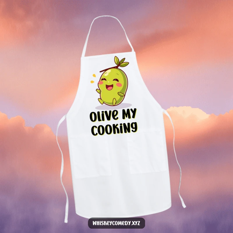 Funny apron decorated with a giggling olive in full roll, making cooking and kitchen duties a joyful, humorous experience.
