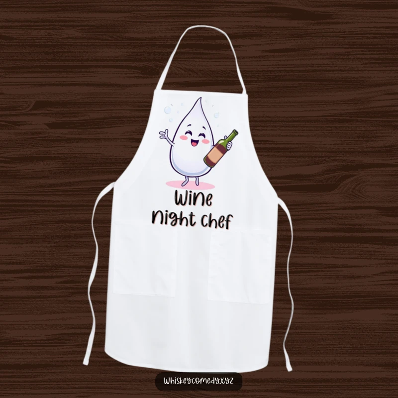 Funny apron showing a bubbly water droplet dancing with a wine bottle, perfect for chefs and party hosts.