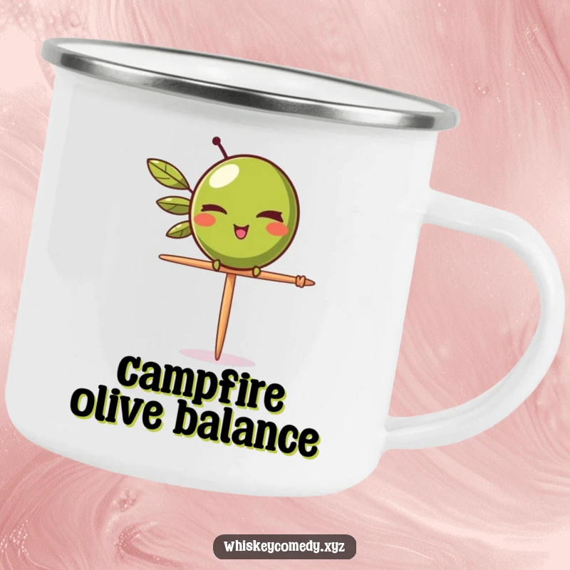 Funny olive wink camping mug featuring a winking olive balancing on a toothpick, ready for outdoor adventures with a sassy flair.