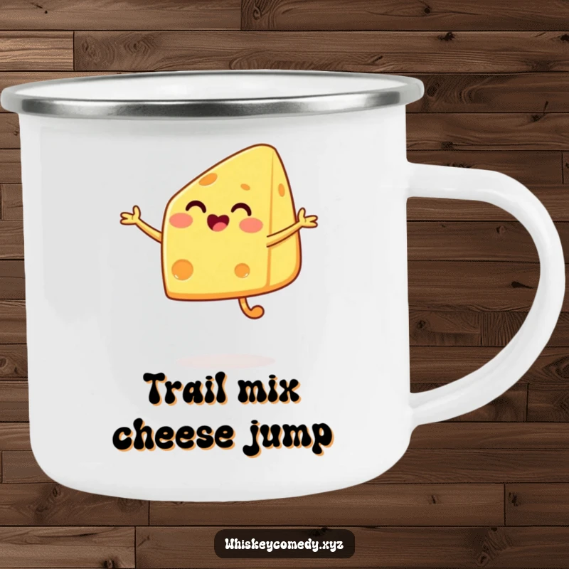Funny cheese jump camping mug featuring a happy cheese wedge in a joyful leap, ready for outdoor adventures and snacks.