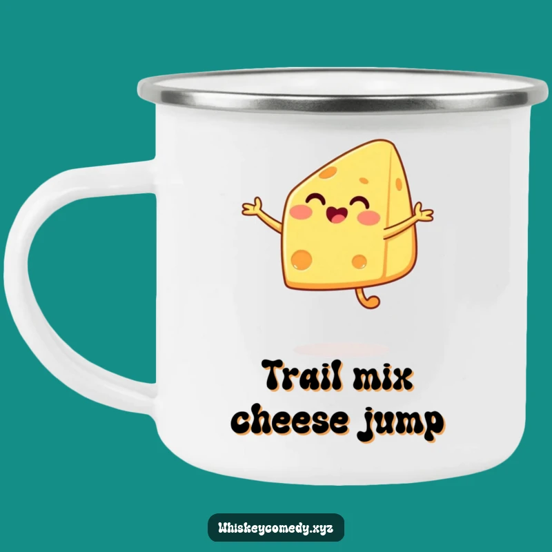 Funny Cheese Jump Camping Mug: Adventure with a Leaping Wedge, Rugged Humorous Gift