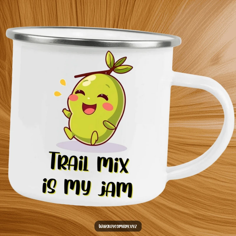 Funny camping mug with a giggling olive rolling along, ready for any outdoor adventure with a dose of humor.