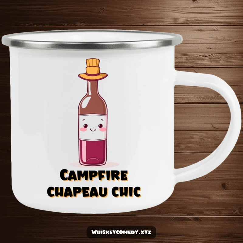 Funny wine hat camping mug featuring a cheerful bottle of wine wearing a tiny hat, ready for any outdoor adventure.