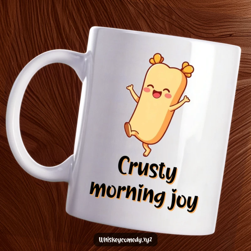 Funny mug featuring a cheerful baguette character kicking its heels up with joy, perfect for bakers and foodies.