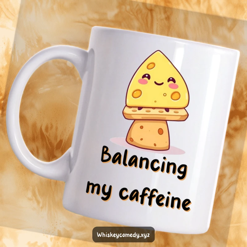 Funny smiling cheese wedge mug, precariously balancing on a cracker, a humorous and relatable kitchen item.