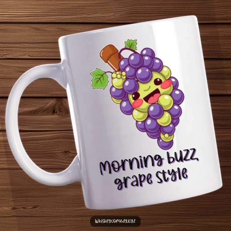 Funny grape slide mug with a giggling bunch of grapes joyfully sliding down a wine bottle, celebrating wine and good times.