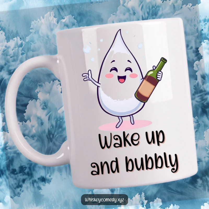 Funny mug featuring a bubbly water droplet character dancing a jig with a smiling wine bottle, perfect for drink lovers.