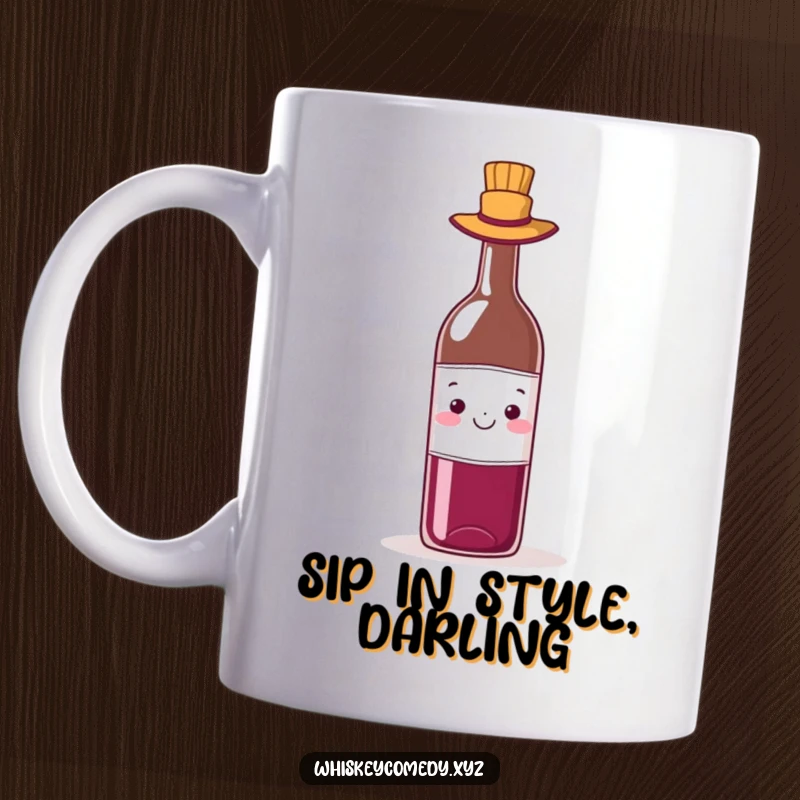 Funny wine hat mug with a cheerful bottle of wine gleefully trying on a tiny, stylish hat, perfect for wine enthusiasts.