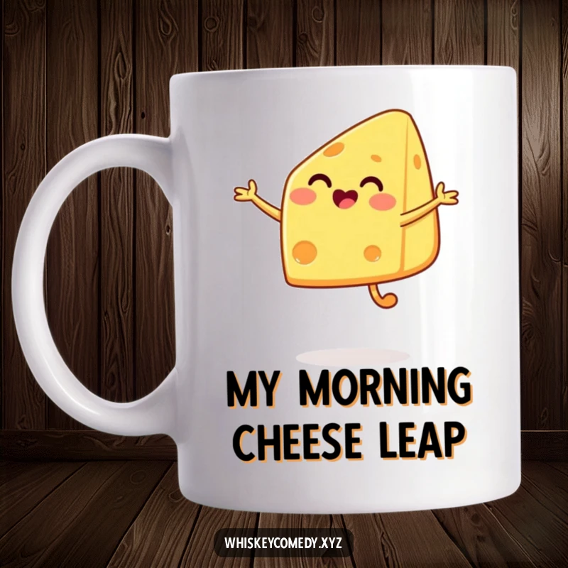 Funny cheese jump mug featuring a happy wedge of cheese leaping with delight, celebrating cheesy goodness and fun.