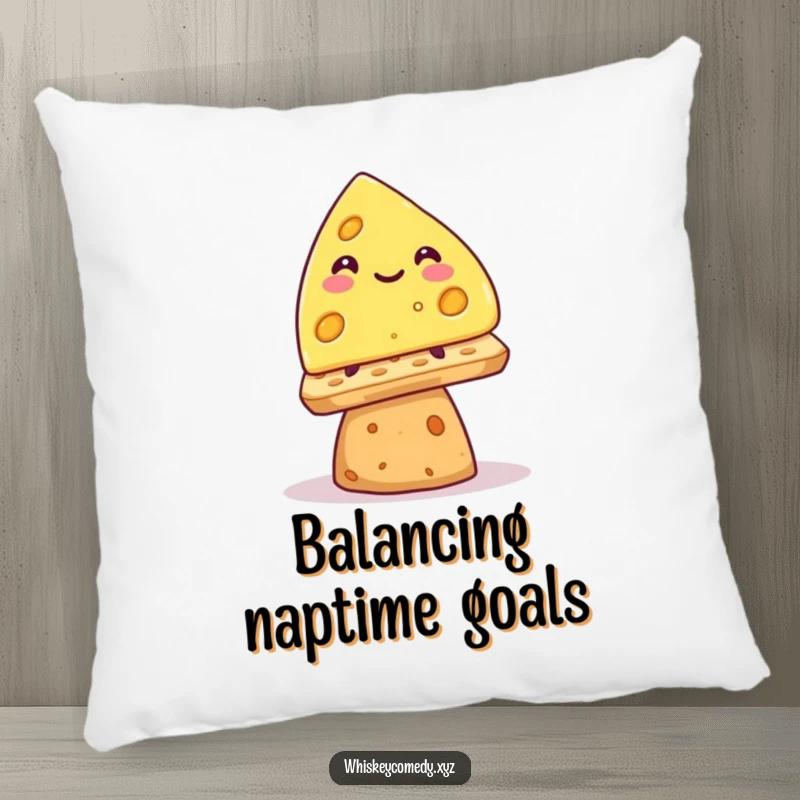 Funny smiling cheese wedge pillow, precariously balancing on a cracker, soft and humorous home decor.