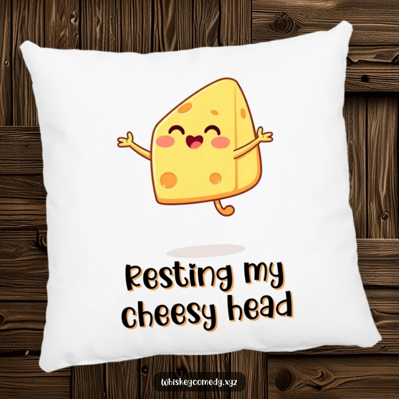 Funny cheese jump pillow featuring a happy cheese wedge in a delighted jump, perfect for adding comfort and cheesy charm.