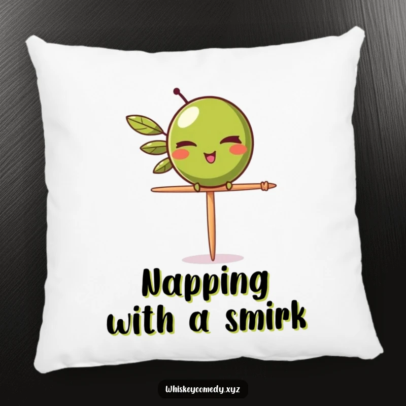 Funny olive wink pillow featuring a winking olive balancing on a toothpick, perfect for adding comfort and cheeky charm.