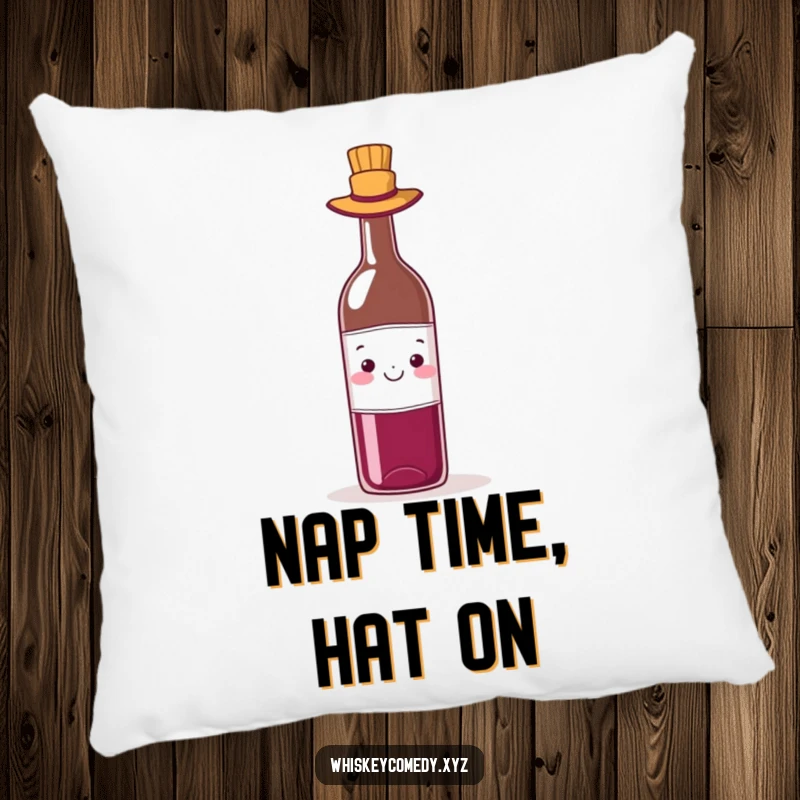 Funny wine hat pillow featuring a cheerful bottle of wine wearing a tiny hat, perfect for adding comfort and whimsy.