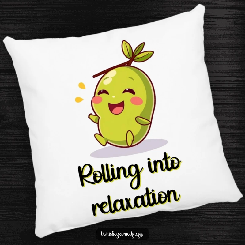 Funny pillow with a giggling olive rolling in pure bliss, offering comfort and a humorous visual for any room.