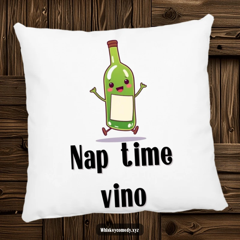 Funny pillow featuring a happy wine bottle character doing a comical skip, perfect for adding a quirky touch to any room.
