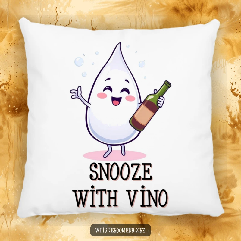 Funny pillow featuring a bubbly water droplet dancing with a wine bottle, perfect for adding a quirky touch to any space.
