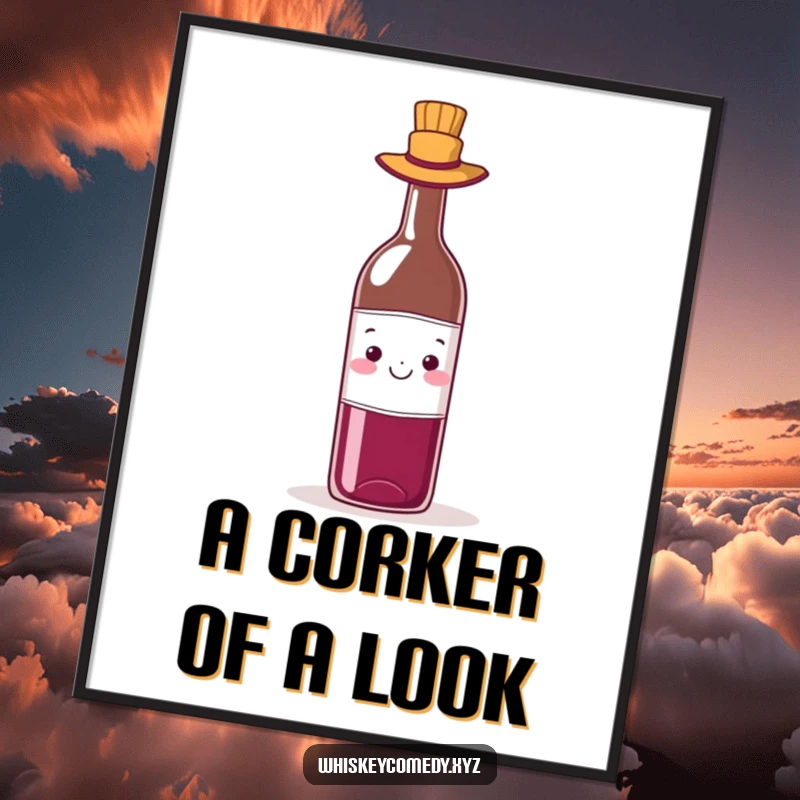 Funny wine hat digital art print of a cheerful wine bottle sporting a tiny hat, ideal for stylish and humorous decor.