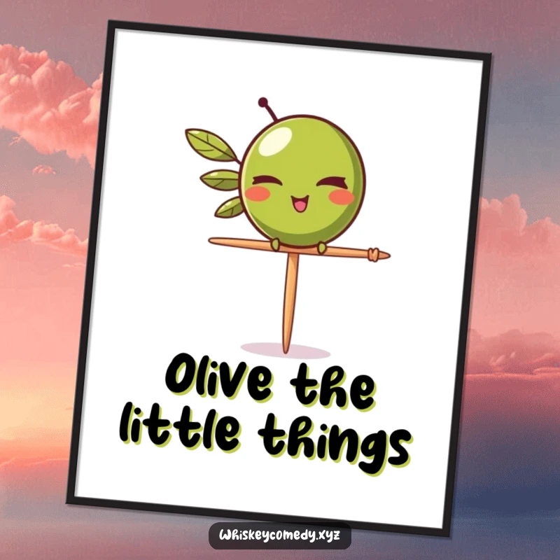 Funny olive wink digital art print of a winking olive balancing on a toothpick, ideal for sassy and humorous decor.