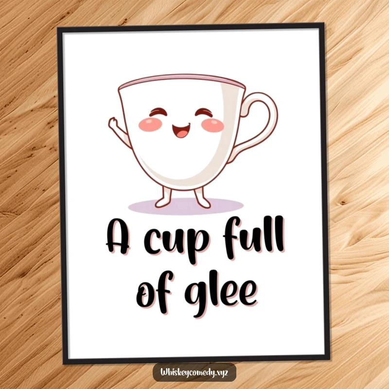 Funny teacup jig digital art print of a smiling teacup performing a joyous dance, ideal for instant cheerful decor.