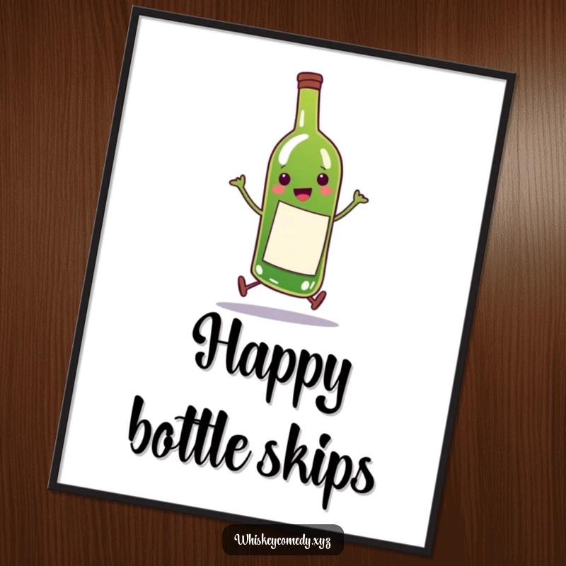 Funny digital art print featuring a happy wine bottle character doing a comical skip, ideal for instant wall decor.
