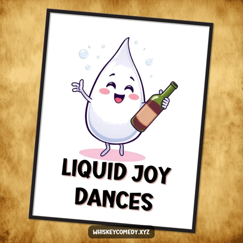 Funny digital art print featuring a bubbly water droplet dancing with a wine bottle, ideal for instant wall decor.