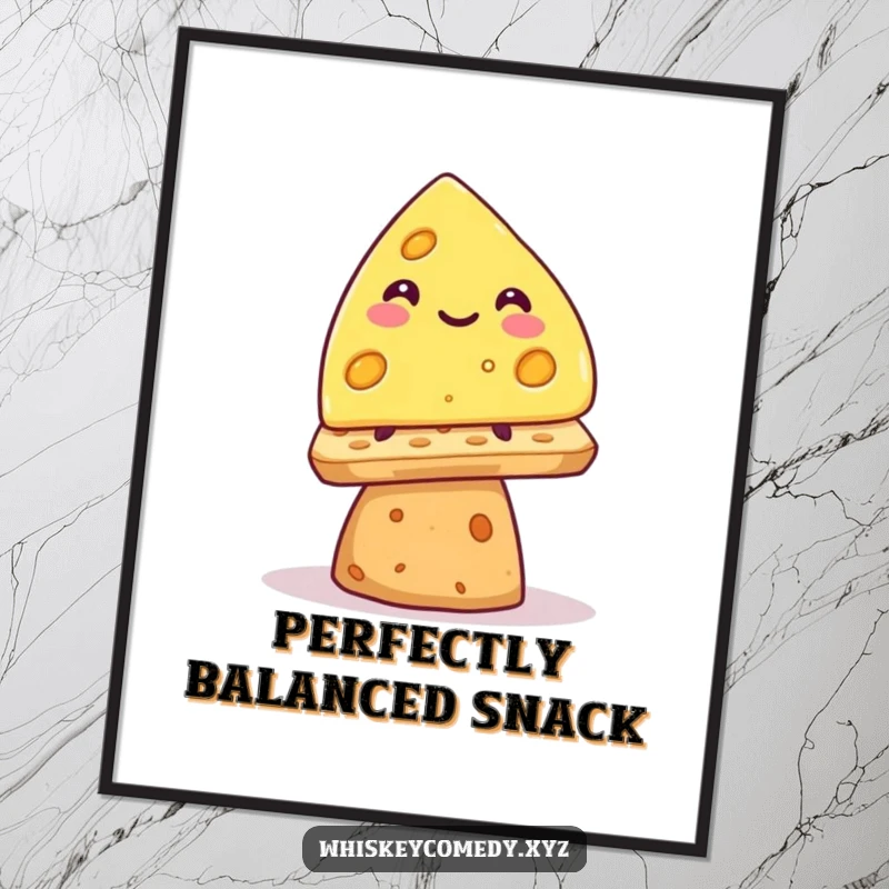 Funny smiling cheese wedge digital art print, precariously balancing on a cracker, immediate humorous art.