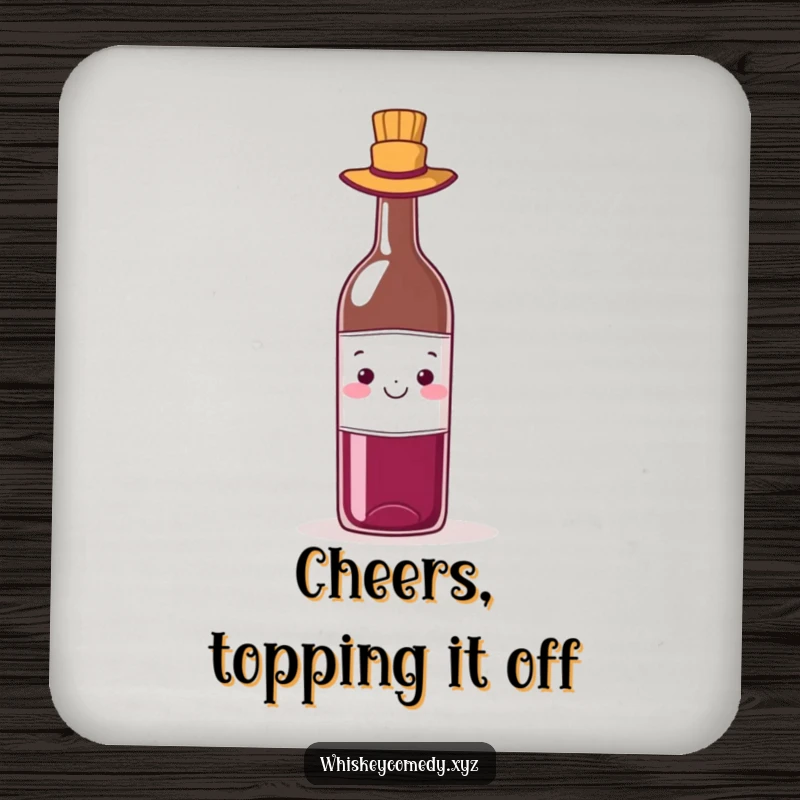 Funny wine hat coaster set featuring a cheerful wine bottle wearing a tiny hat, protecting surfaces with whimsical flair.