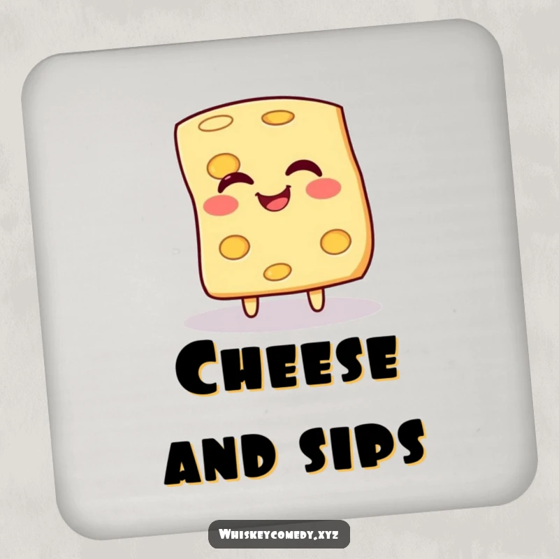Funny coaster with a giggling slice of cheese spinning, perfect for protecting tables and adding humor.