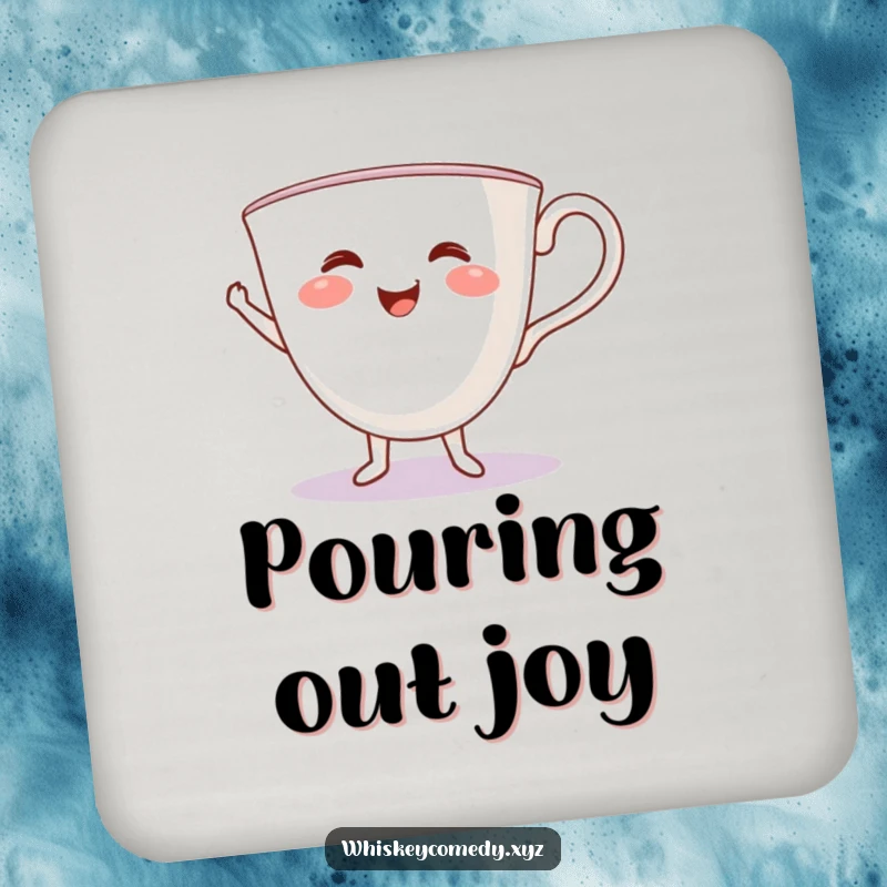 Funny teacup jig coaster featuring a smiling teacup in a lively dance, protecting surfaces with whimsical style.