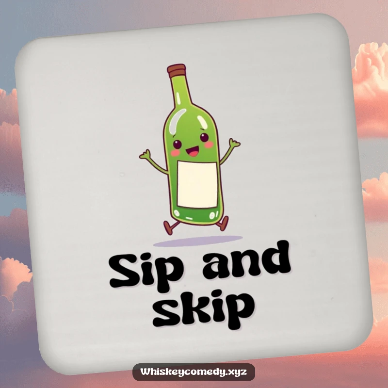 Funny coaster with a happy wine bottle character doing a comical skip, perfect for protecting tables and adding humor.