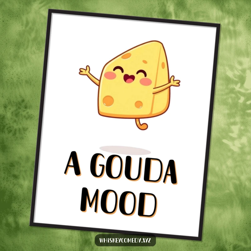 Funny cheese jump poster featuring a happy cheese wedge in a delighted jump, adding a playful and whimsical touch to any room.