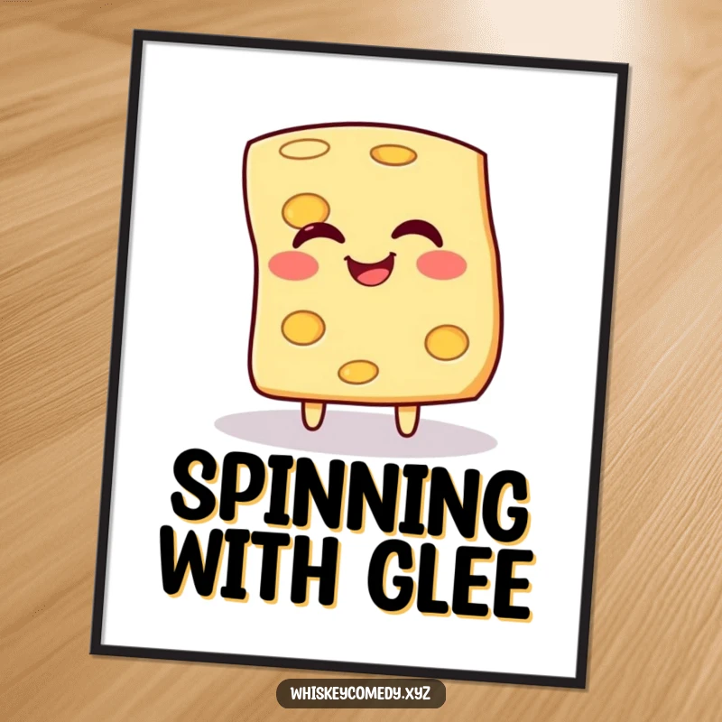 Funny cheese poster depicting a giggling slice of cheese in a happy spin, excellent for food-themed decor.