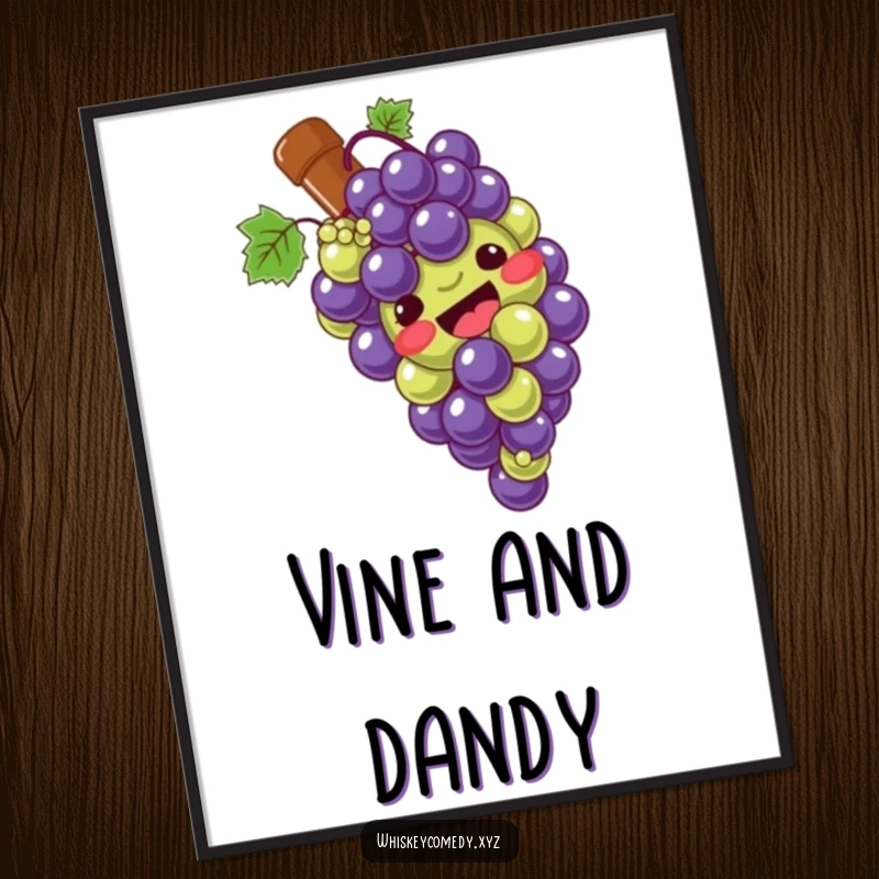 Funny grape slide poster featuring a giggling bunch of grapes sliding down a bottle, adding playful and whimsical charm to any room.