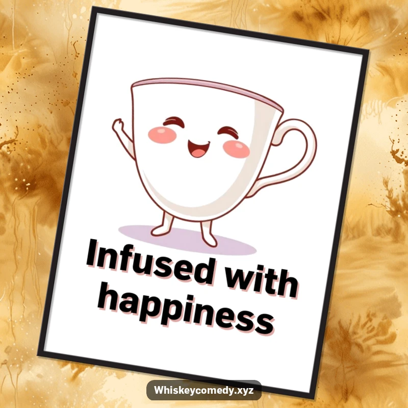 Funny teacup jig poster depicting a smiling teacup performing an energetic dance, adding a playful vibe to any space.