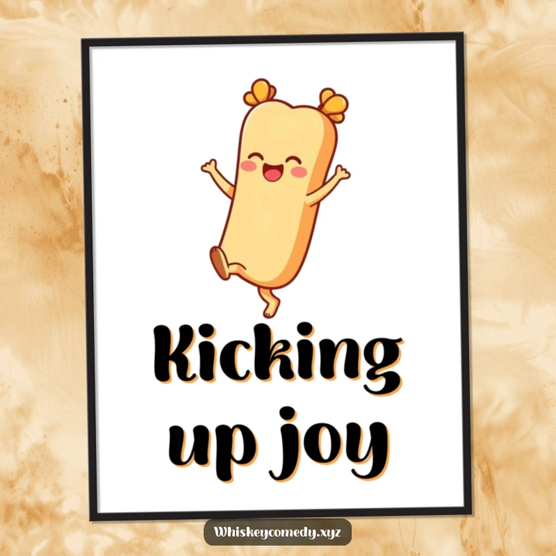 Funny baguette poster depicting a cheerful character kicking its heels up joyfully, excellent for kitchen or bakery decor.