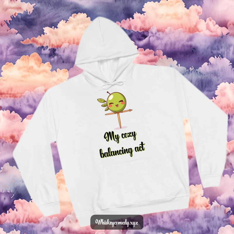 Funny olive wink hoodie featuring a cheeky olive winking and balancing on a toothpick, perfect for cozy martini-themed nights.