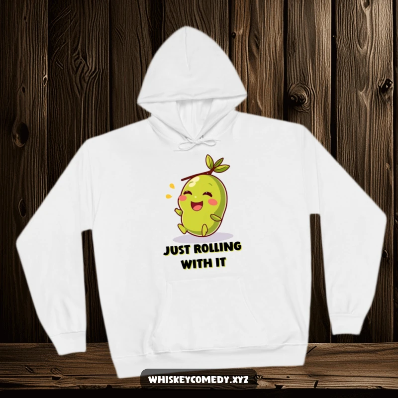 Funny hoodie showcasing a giggling olive in mid-roll, radiating happiness and perfect for cozy, humorous moments.