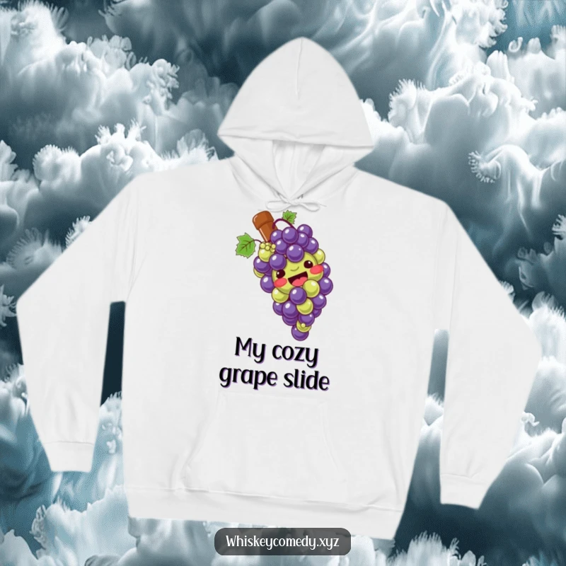 Funny grape slide hoodie featuring a giggling bunch of grapes sliding down a bottle, perfect for cozy wine-themed relaxation.