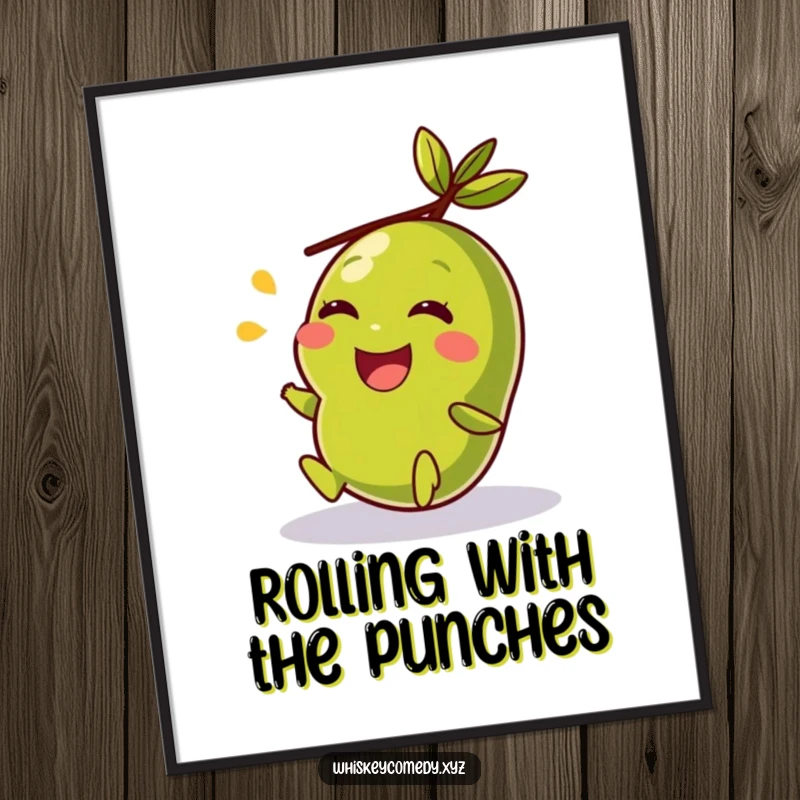 Funny Free Printable Wall Art of a giggling olive rolling happily, adding a splash of quirky humor.