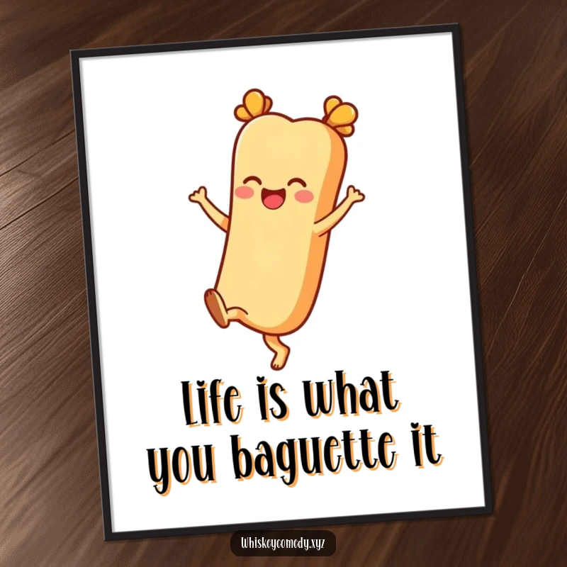 Funny Free Printable Wall Art: A cheerful baguette character kicking its heels up with joy, quirky downloadable decor.