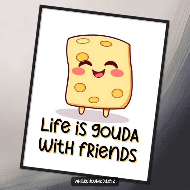 Funny Free Printable Wall Art: A giggling slice of cheese doing a happy spin, quirky downloadable decor.