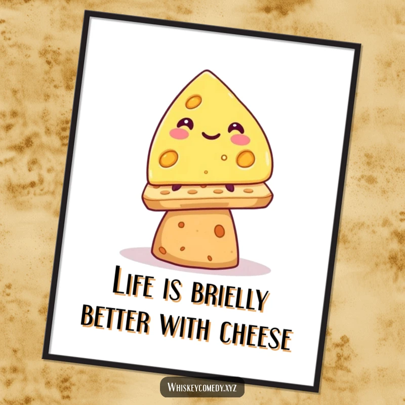 Funny free printable wall art of a smiling cheese wedge wobbling slightly on a cracker.