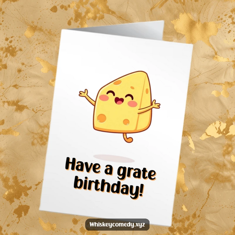 Funny Free Printable Birthday Card: A happy cheese wedge joyfully leaps, celebrating a birthday with cheesy delight.