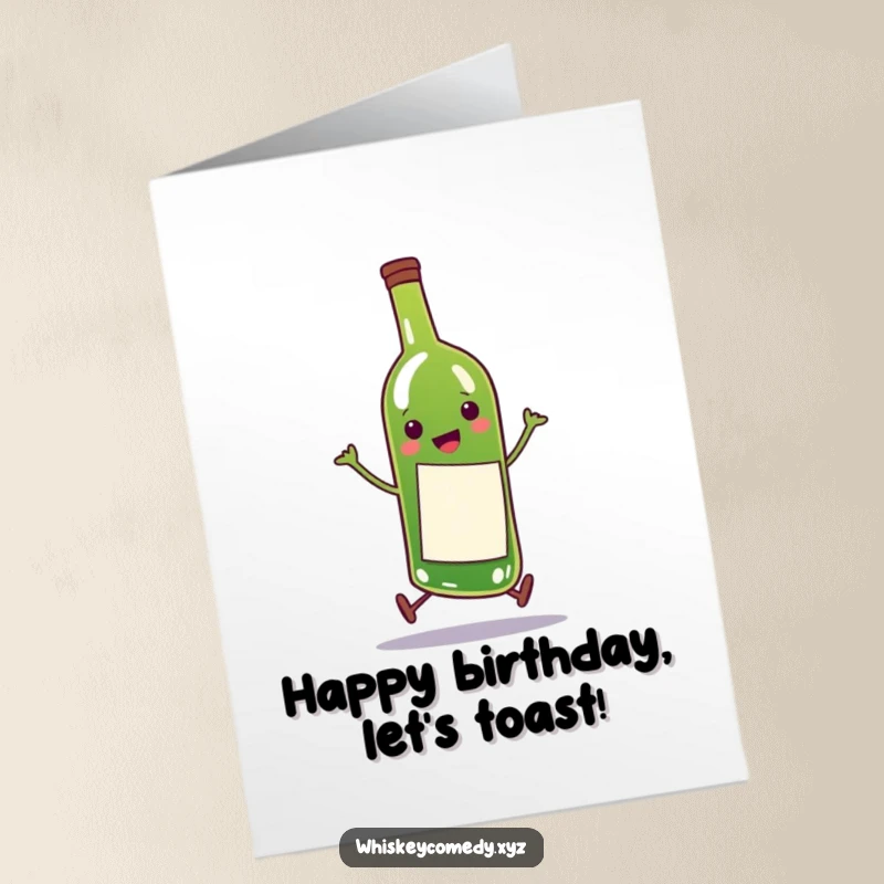 Funny Free Printable Birthday Card: A happy wine bottle doing a comical little skip, perfect for a fun DIY gift.