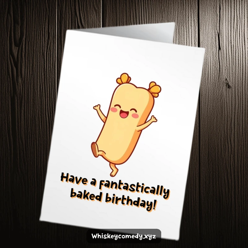 Funny Free Printable Birthday Card: A cheerful baguette character kicking its heels up with joy, a fun DIY gift.